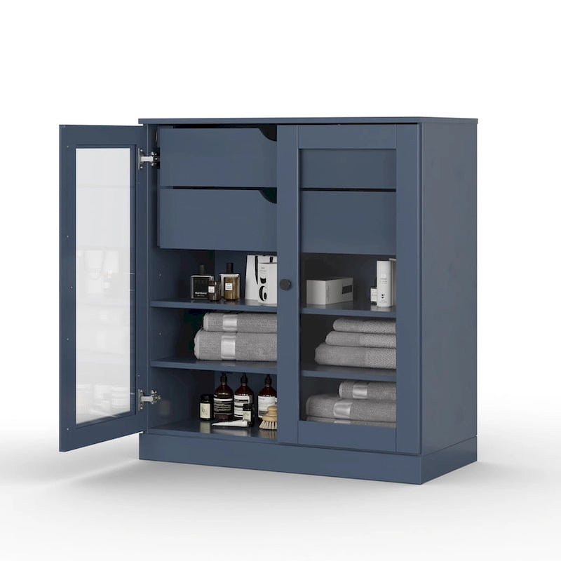 Meuble de salle de bain en bois massif 32", portes en verre transparent, 2 tiroirs, 12 couleurs