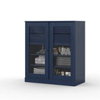 Meuble de salle de bain en bois massif 32", portes en verre transparent, 2 tiroirs, 12 couleurs