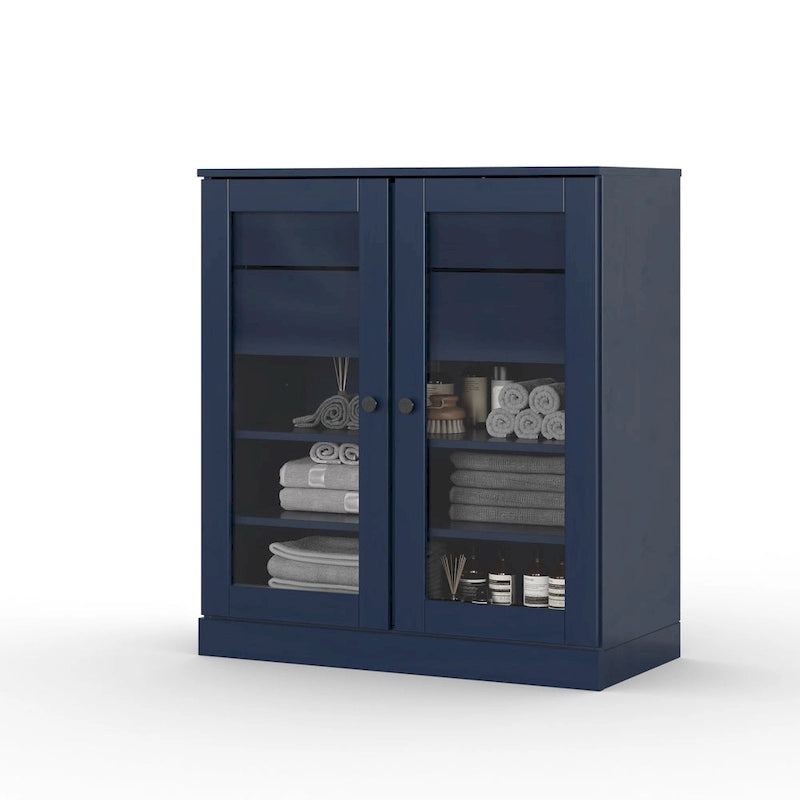 Meuble de salle de bain en bois massif 32", portes en verre transparent, 2 tiroirs, 12 couleurs