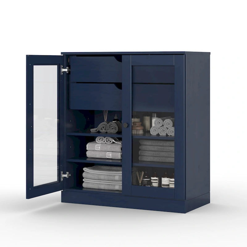 Meuble de salle de bain en bois massif 32", portes en verre transparent, 2 tiroirs, 12 couleurs