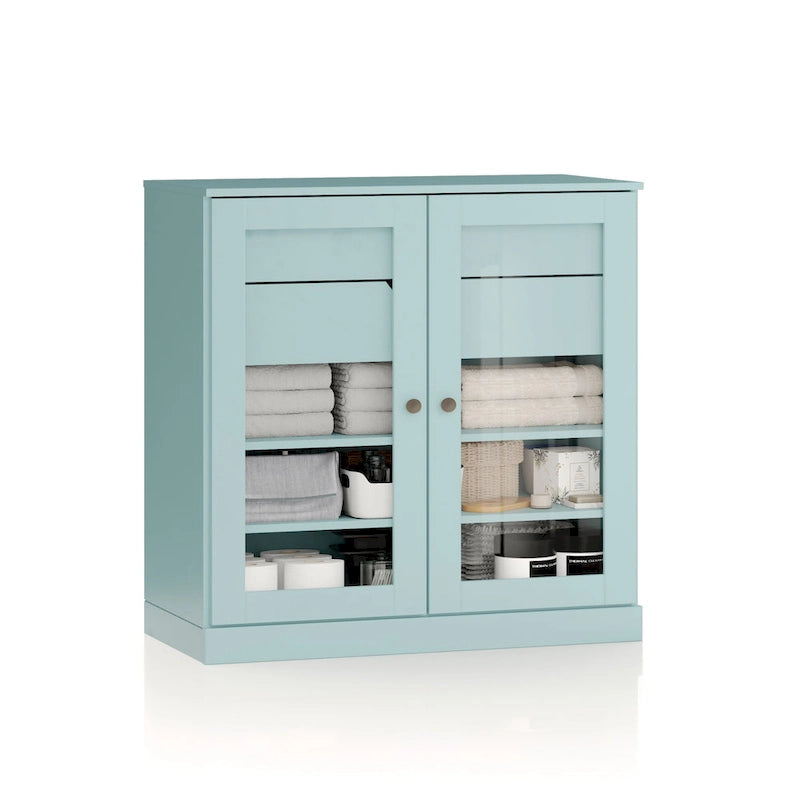Meuble de salle de bain en bois massif 32", portes en verre transparent, 2 tiroirs, 12 couleurs