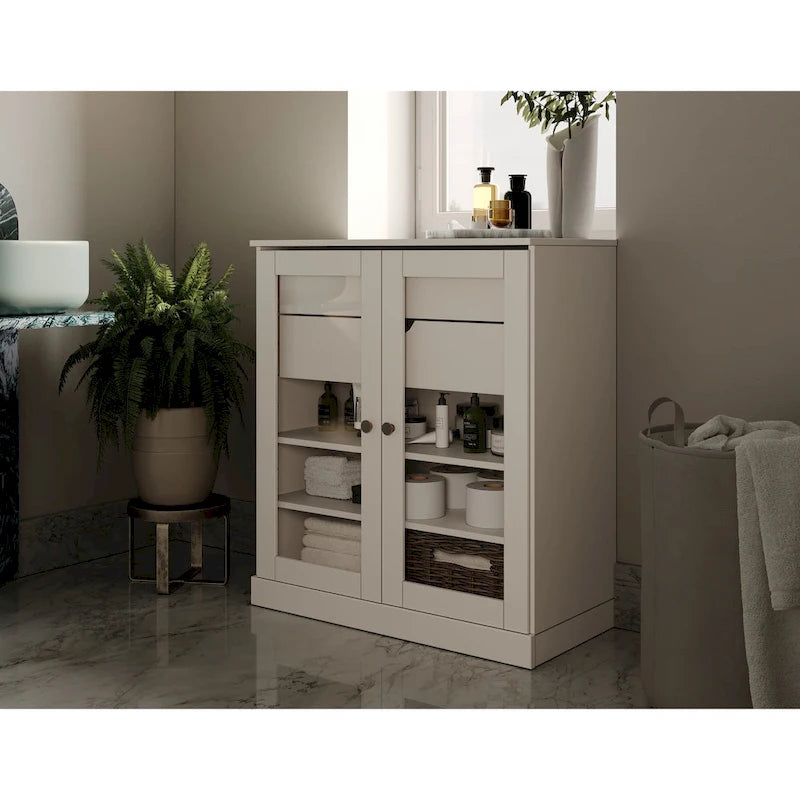Meuble de salle de bain en bois massif 32", portes en verre transparent, 2 tiroirs, 12 couleurs