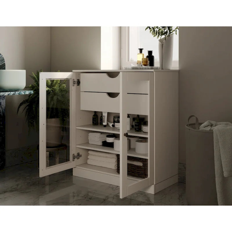 Meuble de salle de bain en bois massif 32", portes en verre transparent, 2 tiroirs, 12 couleurs