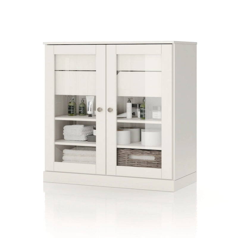 Meuble de salle de bain en bois massif 32", portes en verre transparent, 2 tiroirs, 12 couleurs