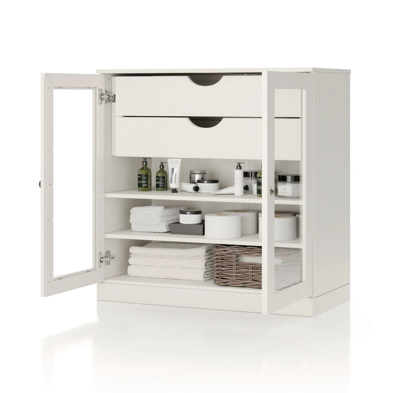 Meuble de salle de bain en bois massif 32", portes en verre transparent, 2 tiroirs, 12 couleurs