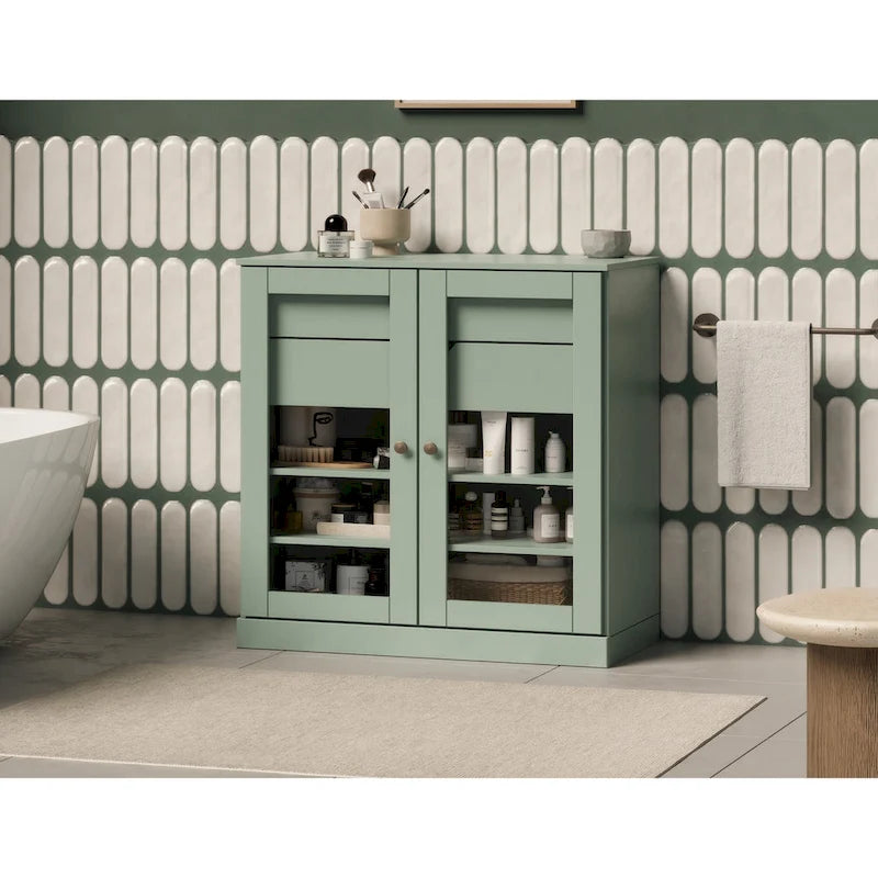 Meuble de salle de bain en bois massif 32", portes en verre transparent, 2 tiroirs, 12 couleurs
