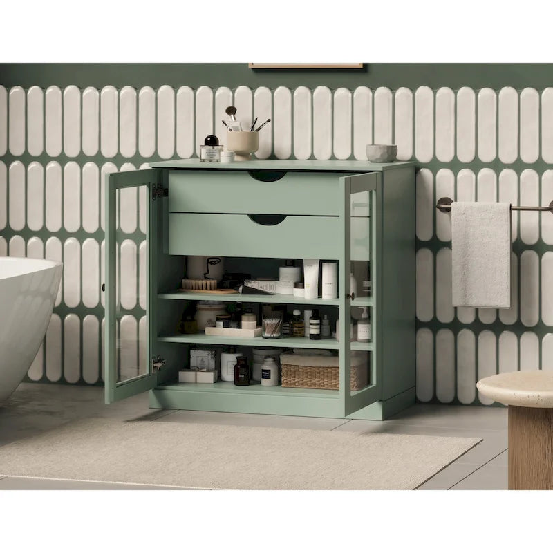Meuble de salle de bain en bois massif 32", portes en verre transparent, 2 tiroirs, 12 couleurs