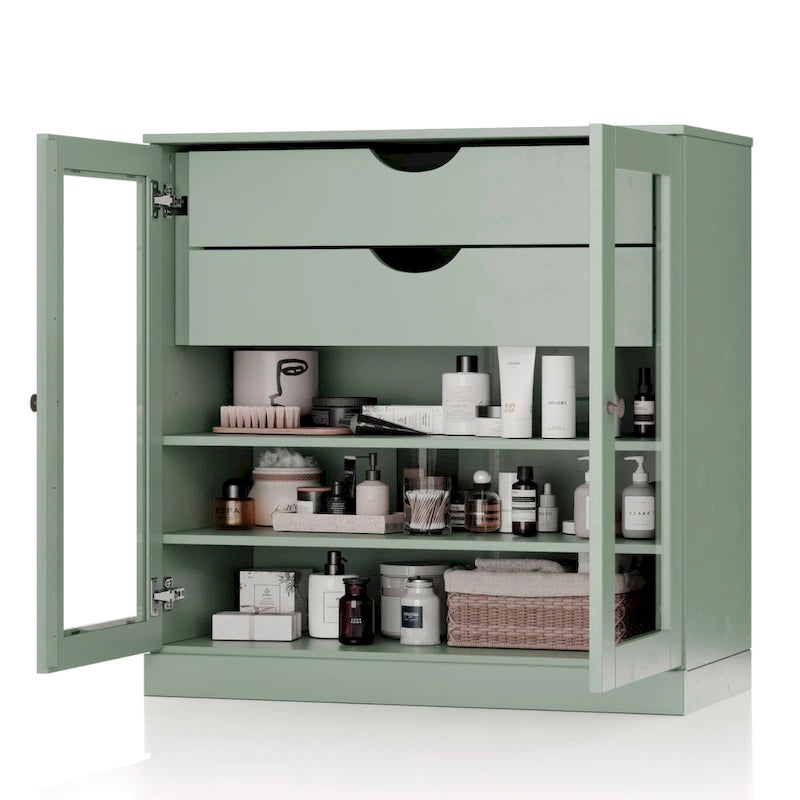 Meuble de salle de bain en bois massif 32", portes en verre transparent, 2 tiroirs, 12 couleurs