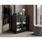 Meuble de salle de bain en bois massif 32", portes en verre transparent, 2 tiroirs, 12 couleurs