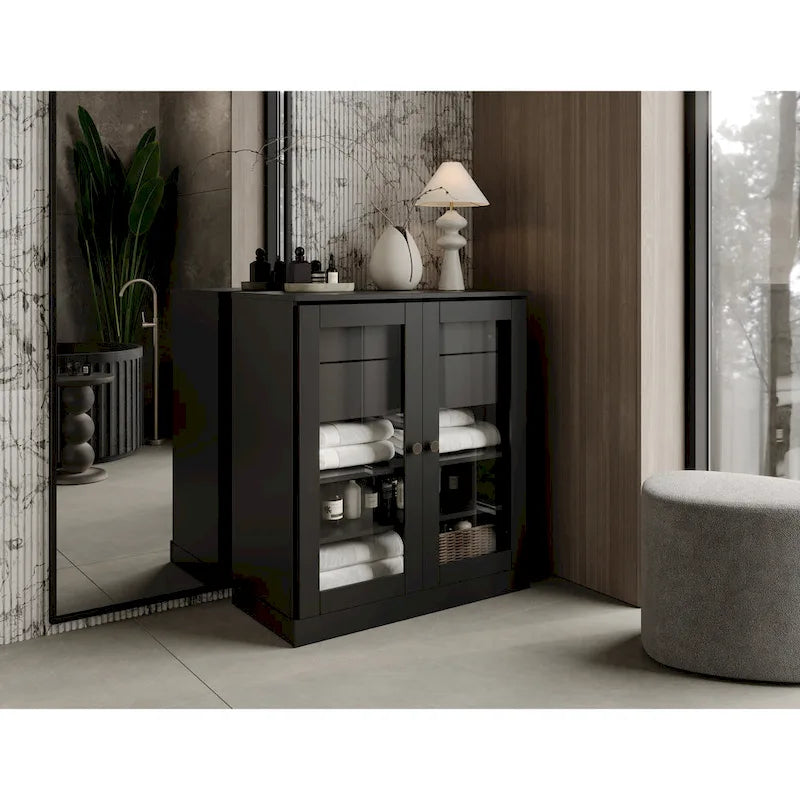 Meuble de salle de bain en bois massif 32", portes en verre transparent, 2 tiroirs, 12 couleurs