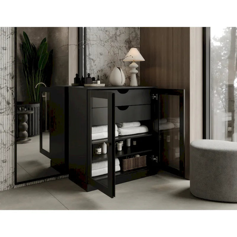 Meuble de salle de bain en bois massif 32", portes en verre transparent, 2 tiroirs, 12 couleurs