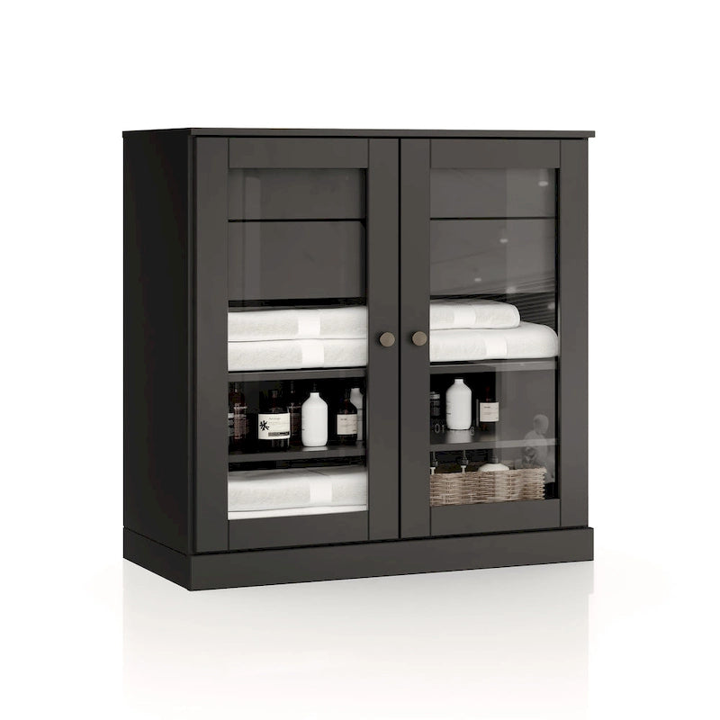 Meuble de salle de bain en bois massif 32", portes en verre transparent, 2 tiroirs, 12 couleurs