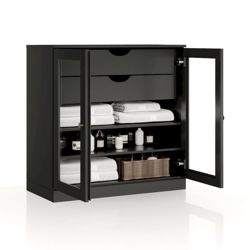 Meuble de salle de bain en bois massif 32", portes en verre transparent, 2 tiroirs, 12 couleurs