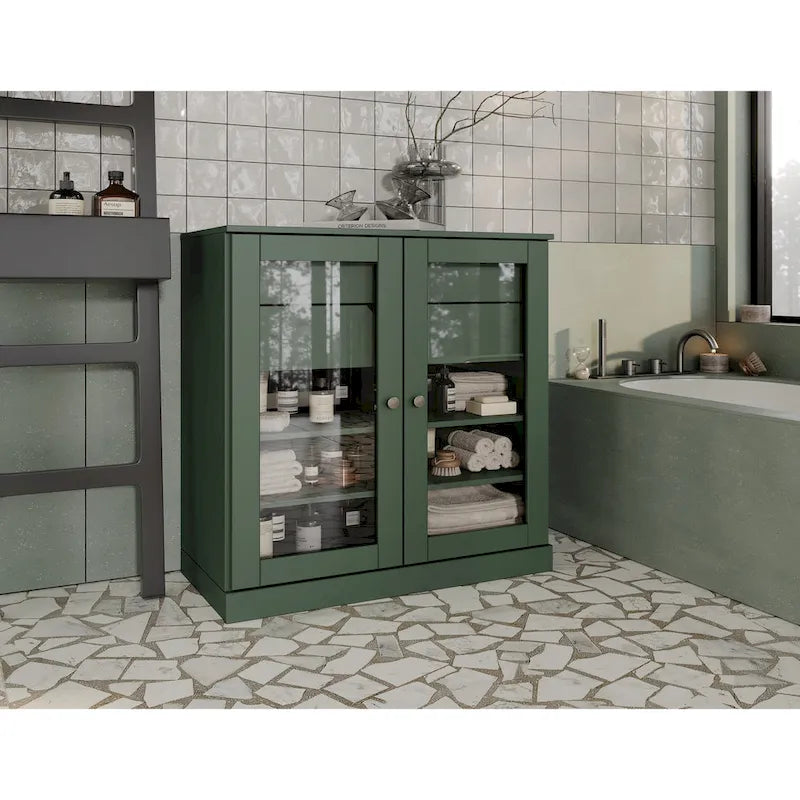 Meuble de salle de bain en bois massif 32", portes en verre transparent, 2 tiroirs, 12 couleurs