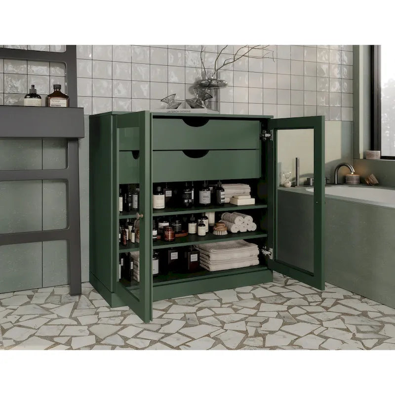 Meuble de salle de bain en bois massif 32", portes en verre transparent, 2 tiroirs, 12 couleurs