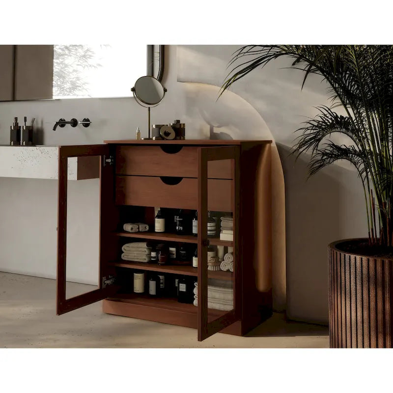 Meuble de salle de bain en bois massif 32", portes en verre transparent, 2 tiroirs, 12 couleurs