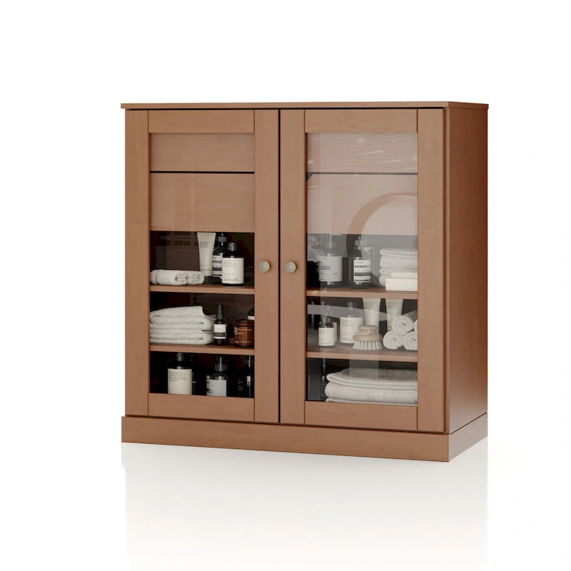 Meuble de salle de bain en bois massif 32", portes en verre transparent, 2 tiroirs, 12 couleurs
