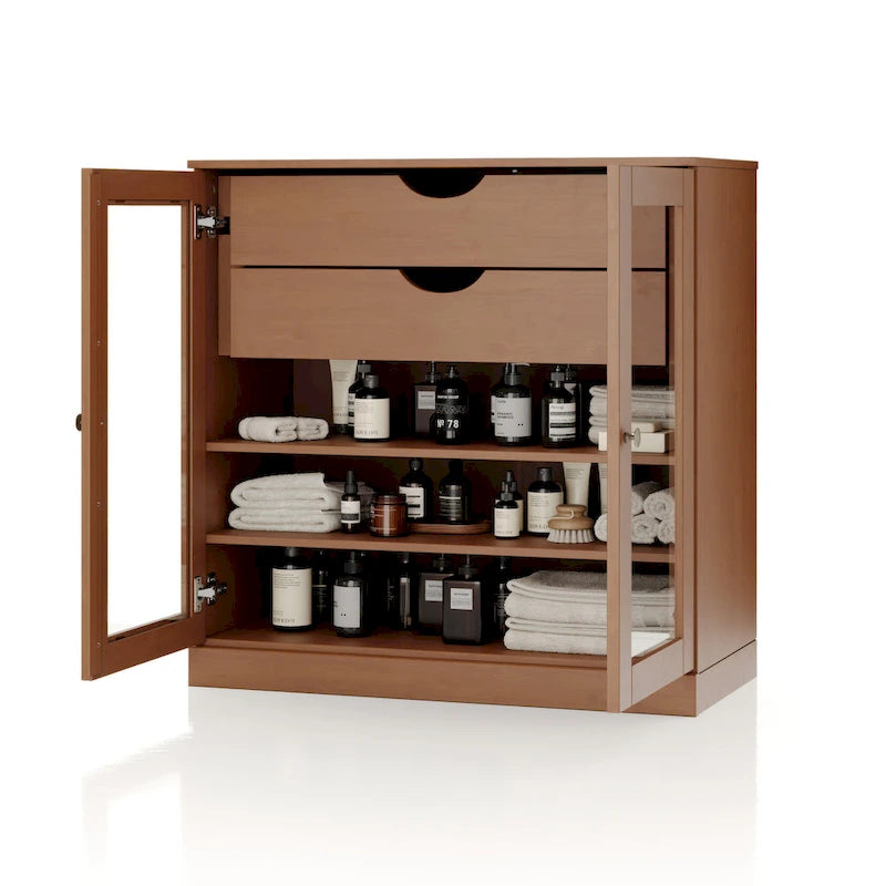 Meuble de salle de bain en bois massif 32", portes en verre transparent, 2 tiroirs, 12 couleurs