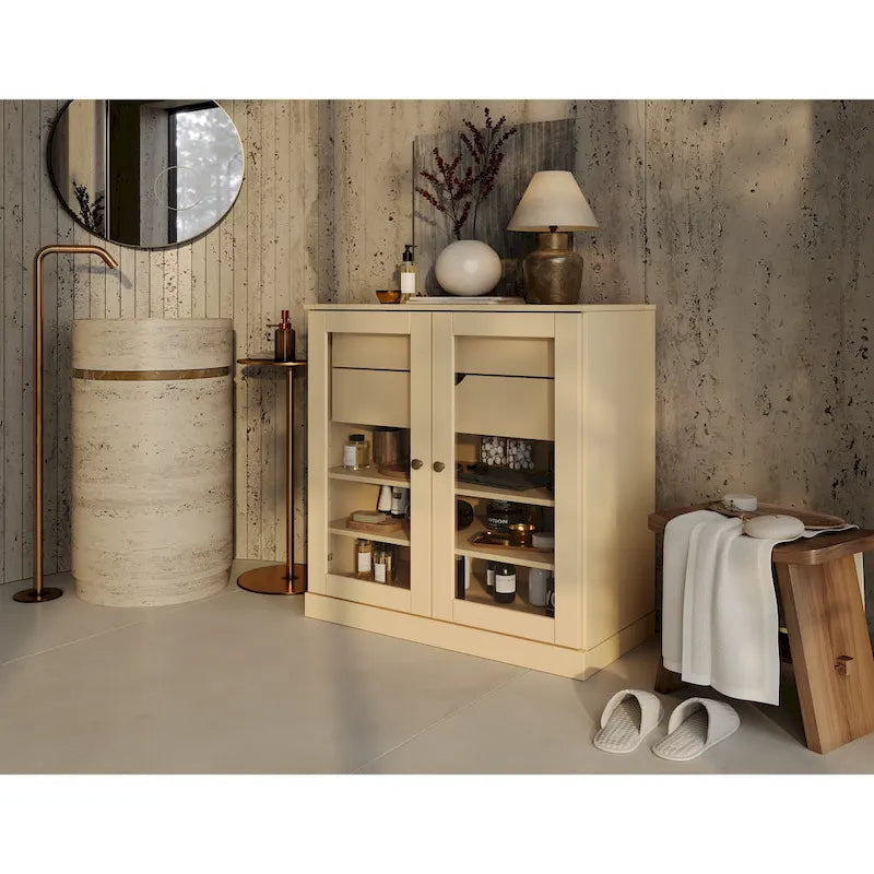 Meuble de salle de bain en bois massif 32", portes en verre transparent, 2 tiroirs, 12 couleurs
