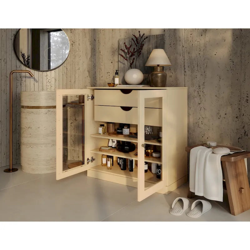 Meuble de salle de bain en bois massif 32", portes en verre transparent, 2 tiroirs, 12 couleurs