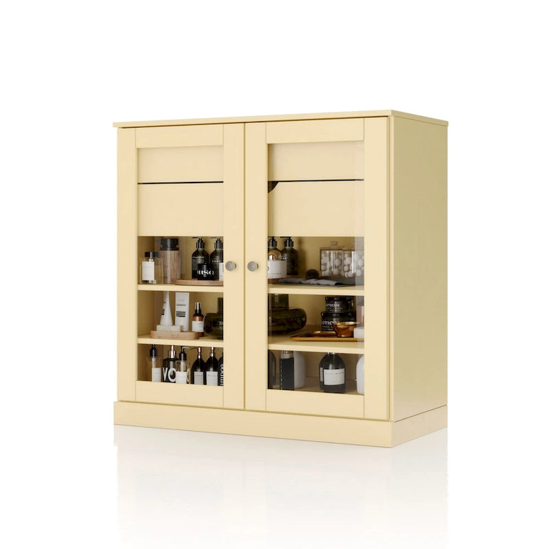 Meuble de salle de bain en bois massif 32", portes en verre transparent, 2 tiroirs, 12 couleurs
