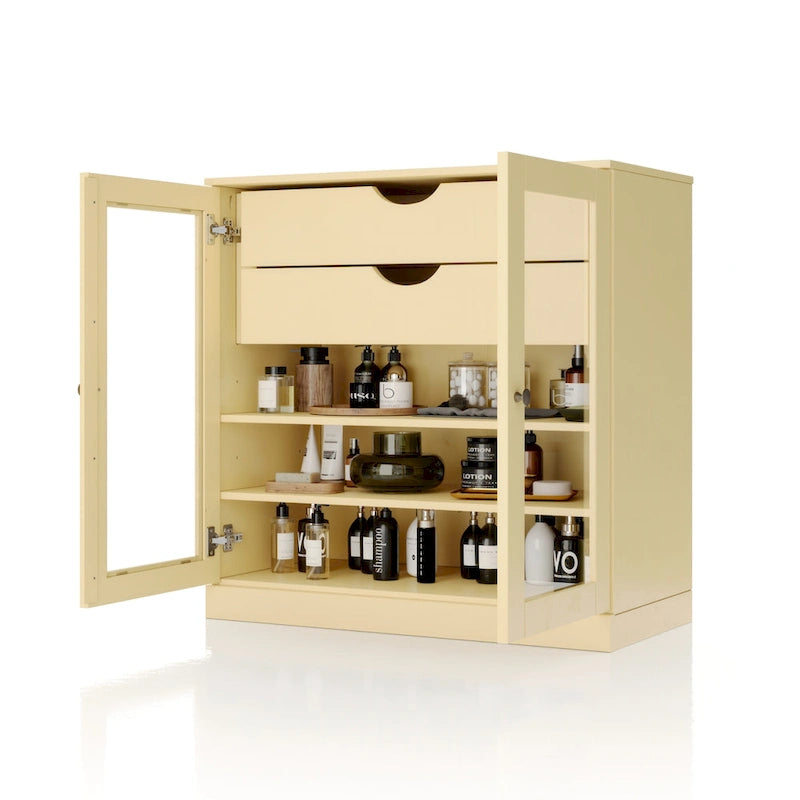 Meuble de salle de bain en bois massif 32", portes en verre transparent, 2 tiroirs, 12 couleurs