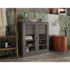 Meuble de salle de bain en bois massif 32", portes en verre transparent, 2 tiroirs, 12 couleurs