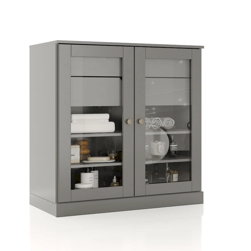 Meuble de salle de bain en bois massif 32", portes en verre transparent, 2 tiroirs, 12 couleurs