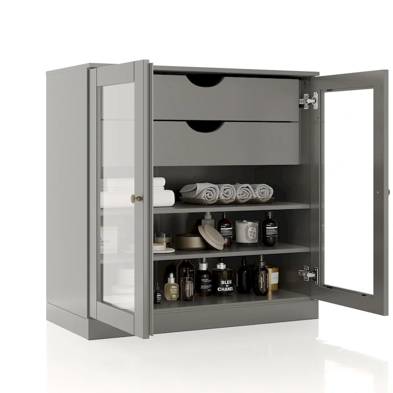 Meuble de salle de bain en bois massif 32", portes en verre transparent, 2 tiroirs, 12 couleurs