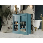 Meuble de salle de bain en bois massif 32", portes en verre transparent, 2 tiroirs, 12 couleurs