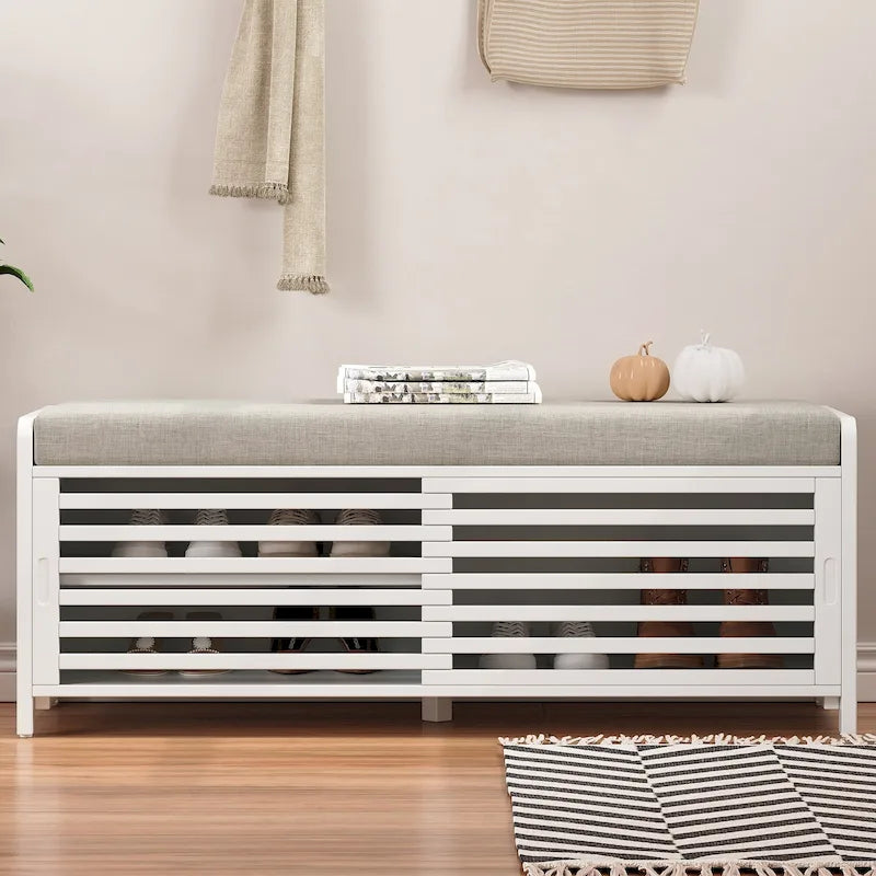 Banc de rangement à persiennes avec coussin et porte coulissante, MDF, 105,4 cm L, 1 place, Blanc/Gris/Bleu marine/Naturel/Espresso