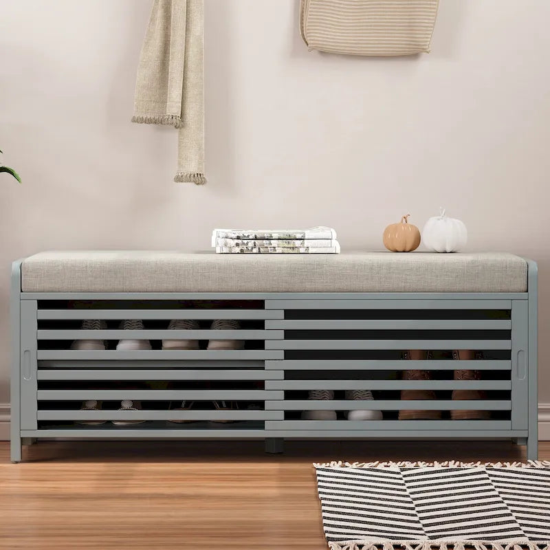 Banc de rangement à persiennes avec coussin et porte coulissante, MDF, 105,4 cm L, 1 place, Blanc/Gris/Bleu marine/Naturel/Espresso