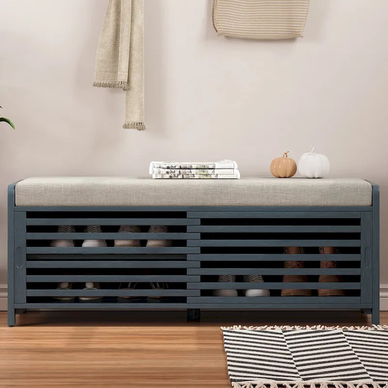 Banc de rangement à persiennes avec coussin et porte coulissante, MDF, 105,4 cm L, 1 place, Blanc/Gris/Bleu marine/Naturel/Espresso