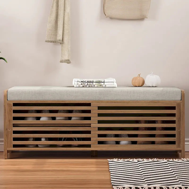 Banc de rangement à persiennes avec coussin et porte coulissante, MDF, 105,4 cm L, 1 place, Blanc/Gris/Bleu marine/Naturel/Espresso