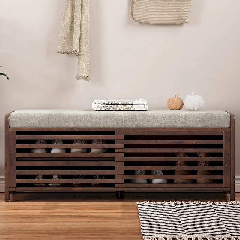 Banc de rangement à persiennes avec coussin et porte coulissante, MDF, 105,4 cm L, 1 place, Blanc/Gris/Bleu marine/Naturel/Espresso
