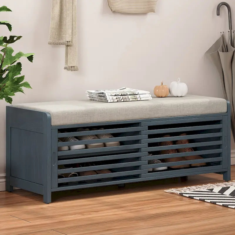 Banc de rangement à persiennes avec coussin et porte coulissante, MDF, 105,4 cm L, 1 place, Blanc/Gris/Bleu marine/Naturel/Espresso