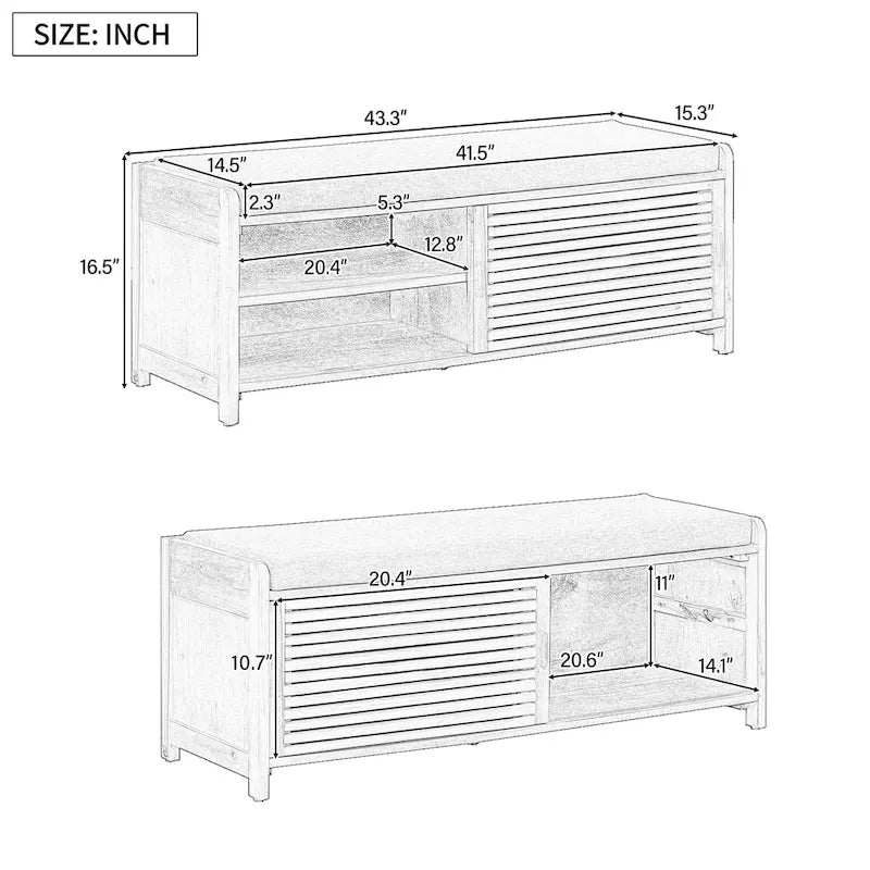 Banc de rangement à persiennes avec coussin et porte coulissante, MDF, 105,4 cm L, 1 place, Blanc/Gris/Bleu marine/Naturel/Espresso