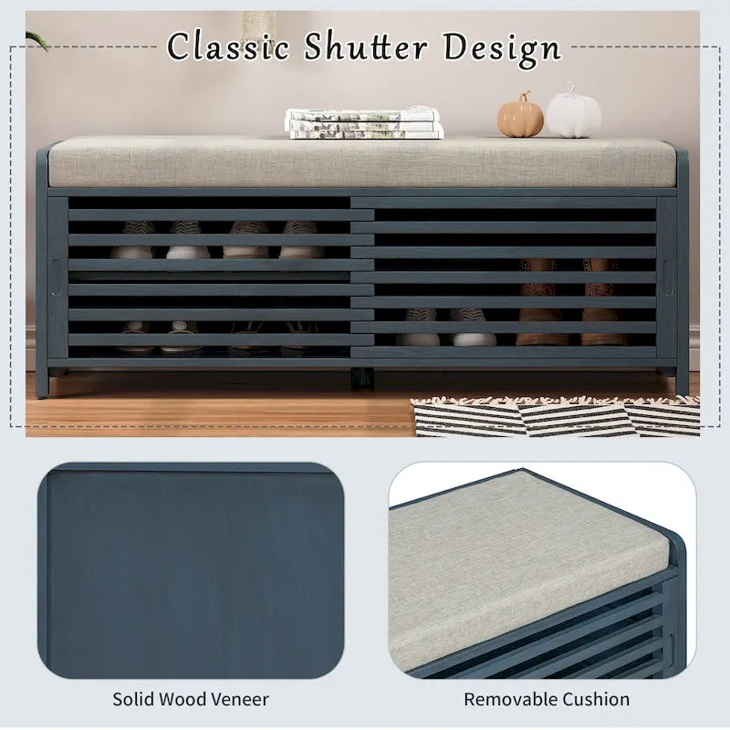 Banc de rangement à persiennes avec coussin et porte coulissante, MDF, 105,4 cm L, 1 place, Blanc/Gris/Bleu marine/Naturel/Espresso