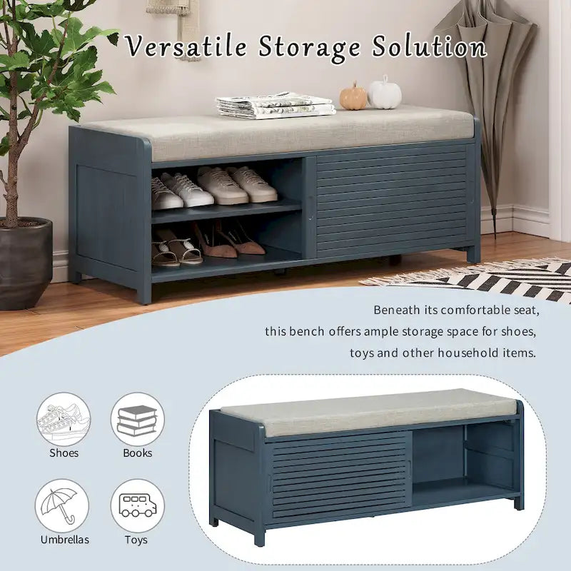 Banc de rangement à persiennes avec coussin et porte coulissante, MDF, 105,4 cm L, 1 place, Blanc/Gris/Bleu marine/Naturel/Espresso
