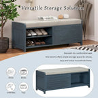 Banc de rangement à persiennes avec coussin et porte coulissante, MDF, 105,4 cm L, 1 place, Blanc/Gris/Bleu marine/Naturel/Espresso