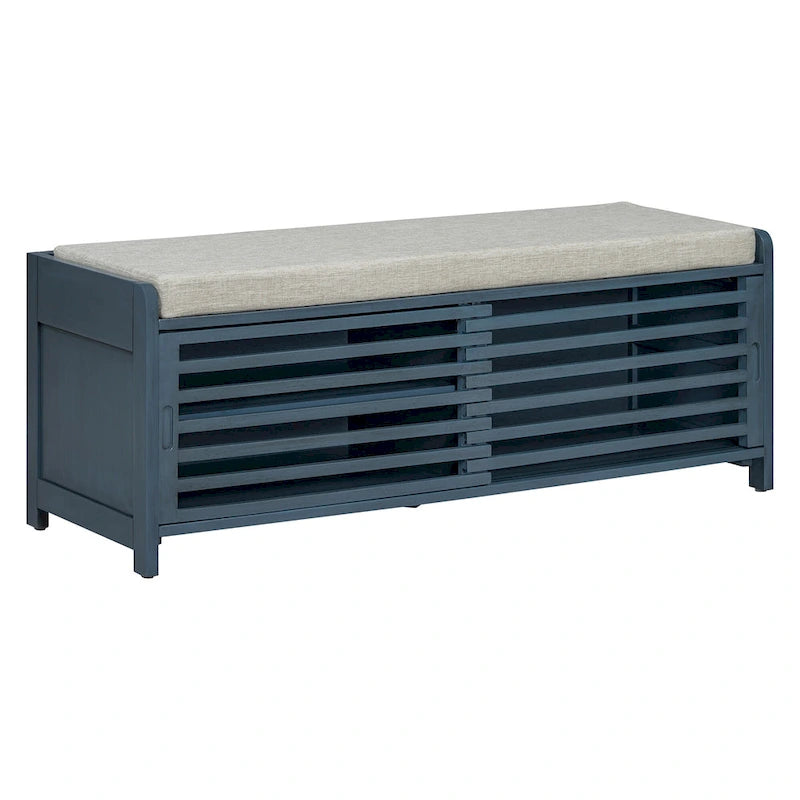 Banc de rangement à persiennes avec coussin et porte coulissante, MDF, 105,4 cm L, 1 place, Blanc/Gris/Bleu marine/Naturel/Espresso
