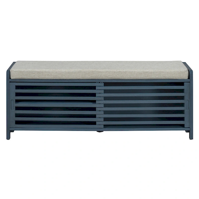 Banc de rangement à persiennes avec coussin et porte coulissante, MDF, 105,4 cm L, 1 place, Blanc/Gris/Bleu marine/Naturel/Espresso