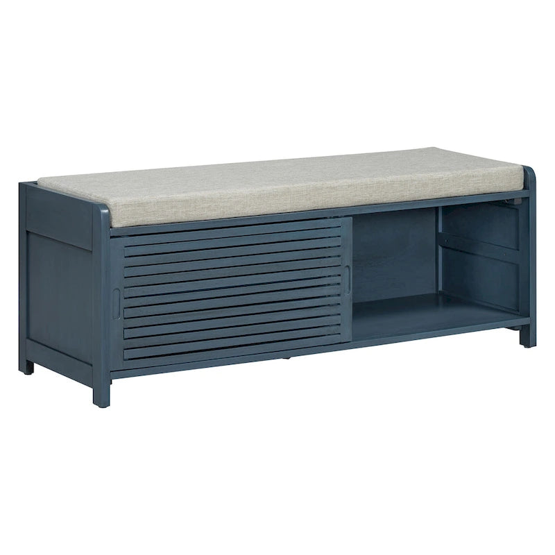 Banc de rangement à persiennes avec coussin et porte coulissante, MDF, 105,4 cm L, 1 place, Blanc/Gris/Bleu marine/Naturel/Espresso