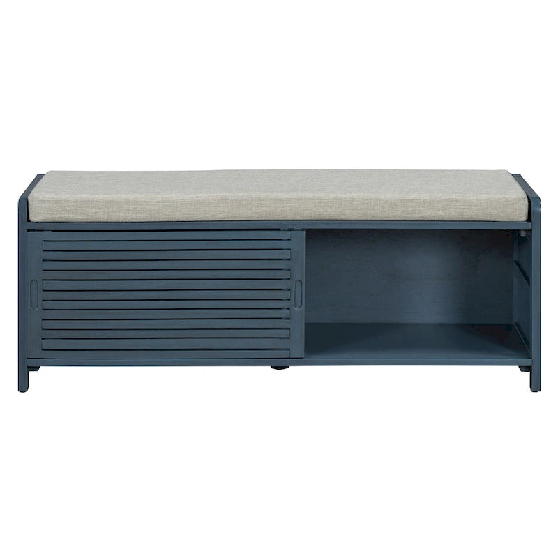 Banc de rangement à persiennes avec coussin et porte coulissante, MDF, 105,4 cm L, 1 place, Blanc/Gris/Bleu marine/Naturel/Espresso