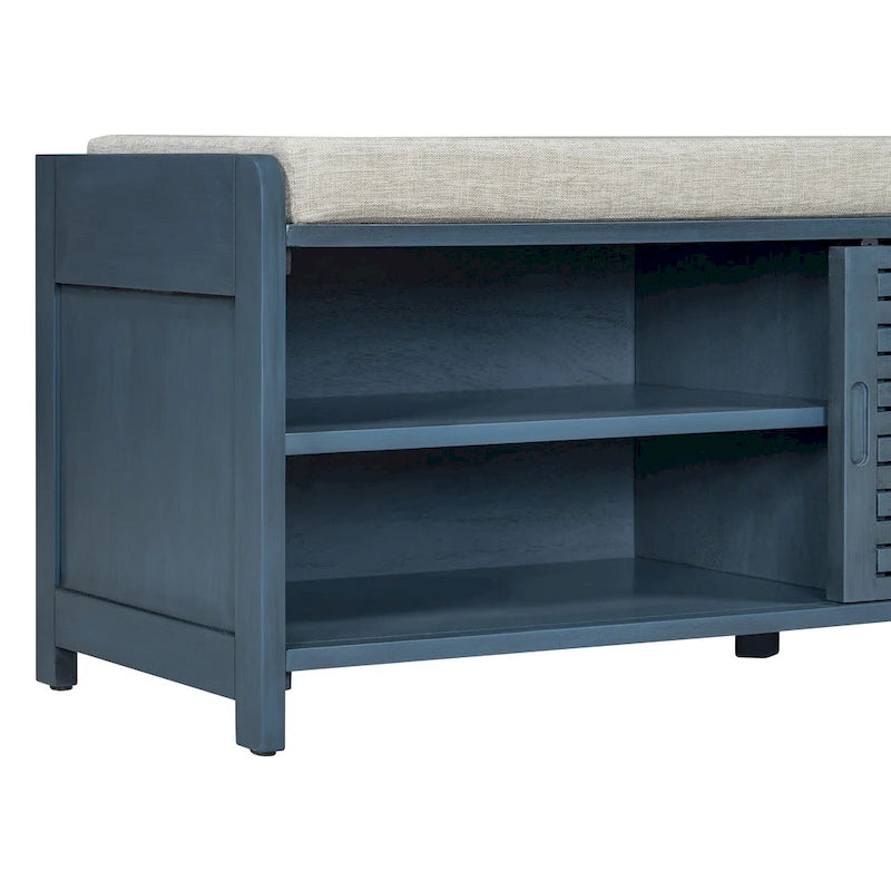 Banc de rangement à persiennes avec coussin et porte coulissante, MDF, 105,4 cm L, 1 place, Blanc/Gris/Bleu marine/Naturel/Espresso