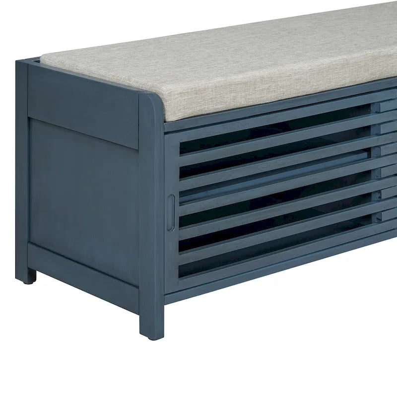 Banc de rangement à persiennes avec coussin et porte coulissante, MDF, 105,4 cm L, 1 place, Blanc/Gris/Bleu marine/Naturel/Espresso