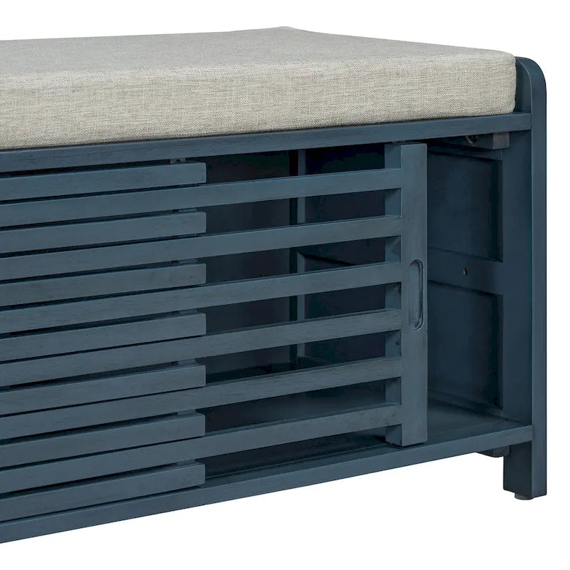 Banc de rangement à persiennes avec coussin et porte coulissante, MDF, 105,4 cm L, 1 place, Blanc/Gris/Bleu marine/Naturel/Espresso