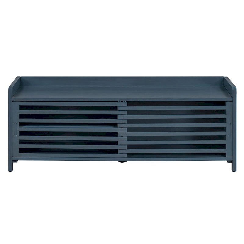 Banc de rangement à persiennes avec coussin et porte coulissante, MDF, 105,4 cm L, 1 place, Blanc/Gris/Bleu marine/Naturel/Espresso