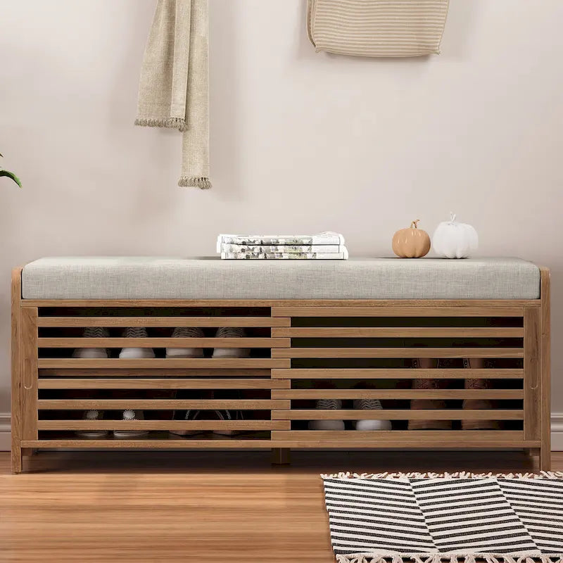 Banc de rangement à persiennes avec coussin et porte coulissante, MDF, 105,4 cm L, 1 place, Blanc/Gris/Bleu marine/Naturel/Espresso