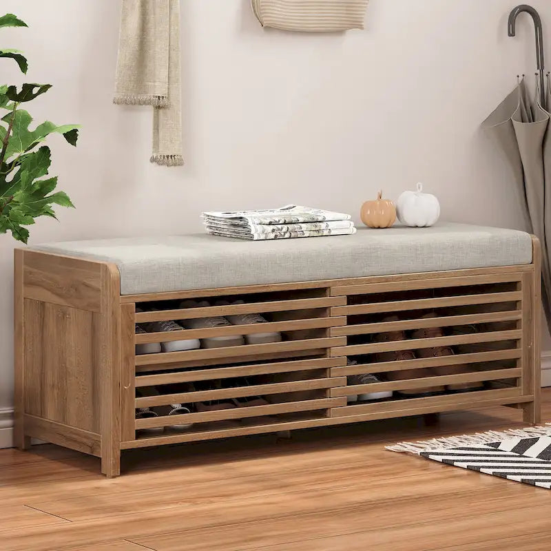 Banc de rangement à persiennes avec coussin et porte coulissante, MDF, 105,4 cm L, 1 place, Blanc/Gris/Bleu marine/Naturel/Espresso